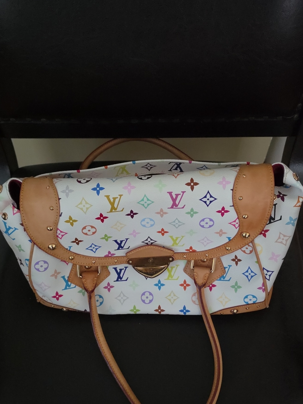 Louis Vuitton Multicolor Monogram White Shoulder Bag with Tan Trim